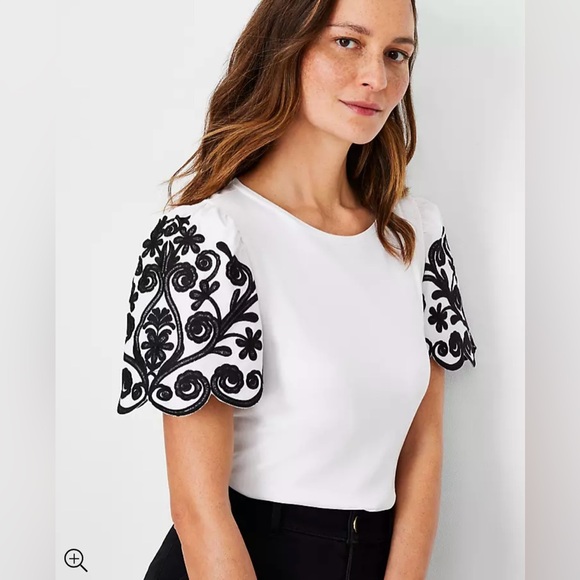 Ann Taylor Tops - Ann Taylor Floral Embroidered Sleeve Tee